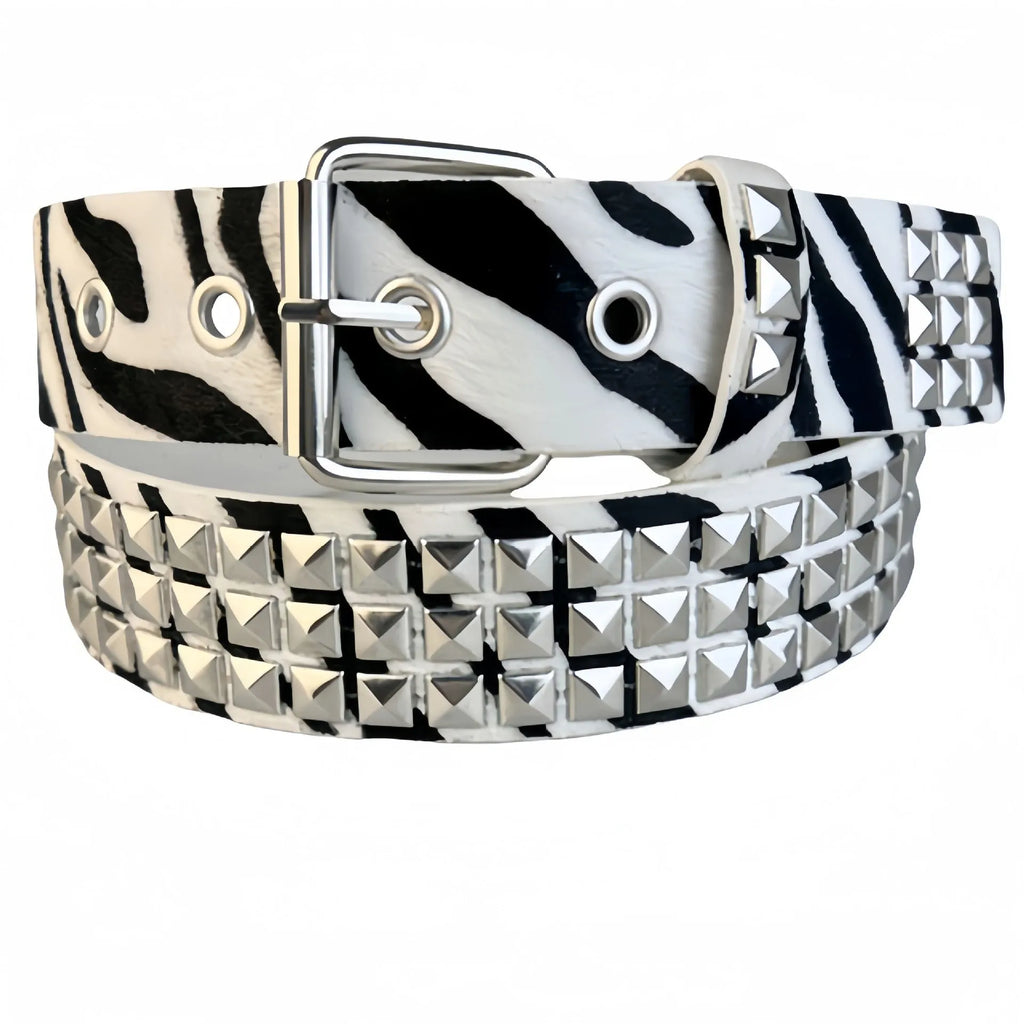 Women's brown leopard print punk belt with silver metal rivets and an alloy buckle.