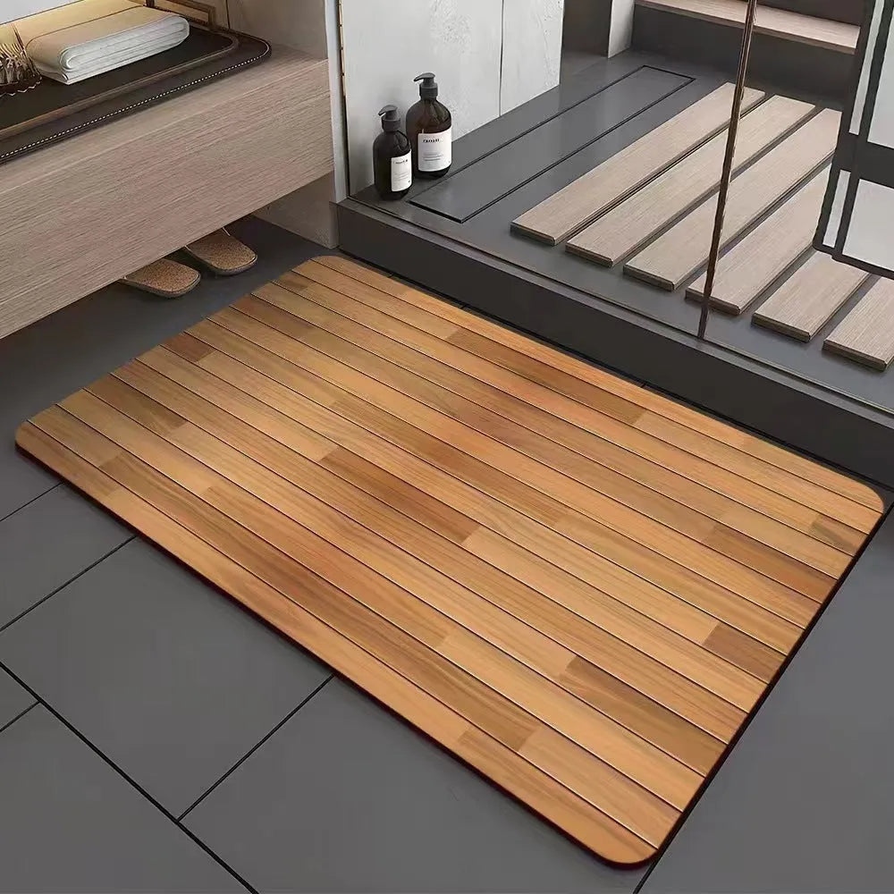 Square diatom ooze floor mat with geometric wood grain pattern in a shower room setting