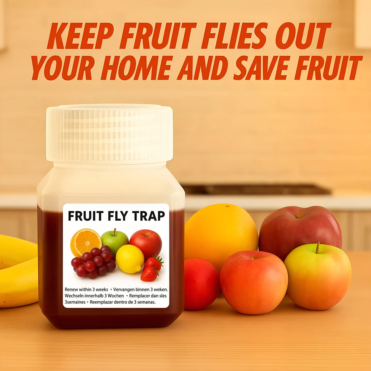90ml bottle of SK003 fruit fly bait liquid on a kitchen counter near a fruit bowl.
