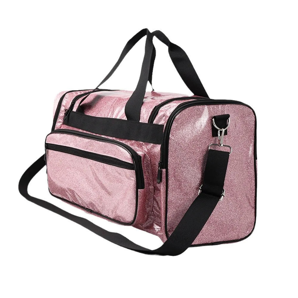 Large grey PU leather sports handbag with letter detailing, shown with compartments open