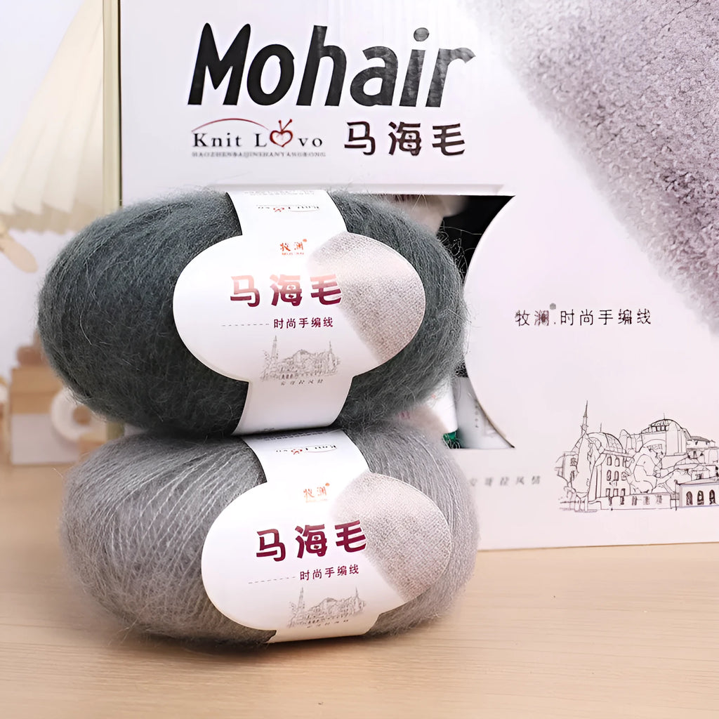 Mohair scarf DIY kit with wool ball and Inverness thread for hand-weaving, showing multiple colour options