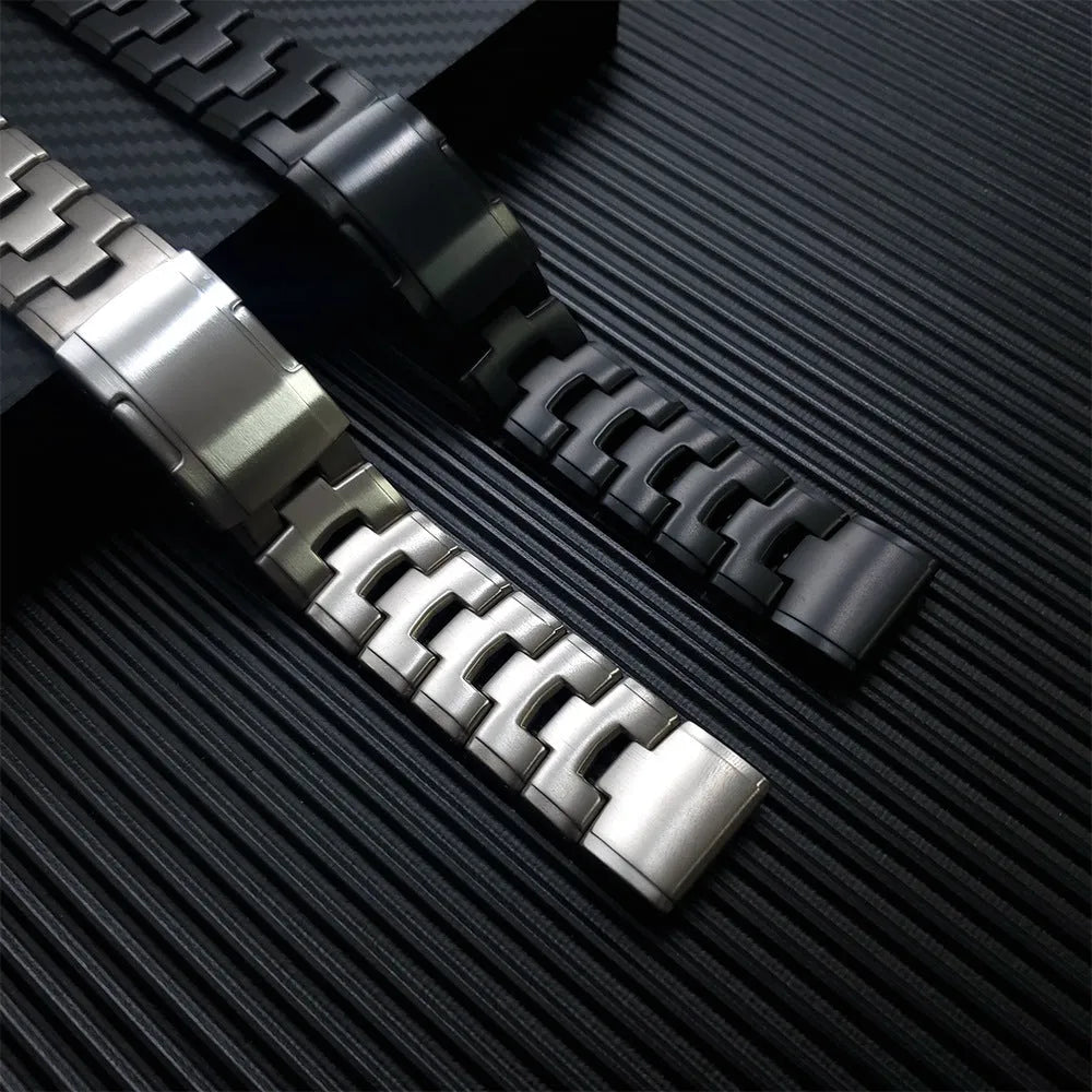 Jiaming Garmin Fenix replacement watch strap in black, silver, titanium colour, showing 22mm and 26mm width options.