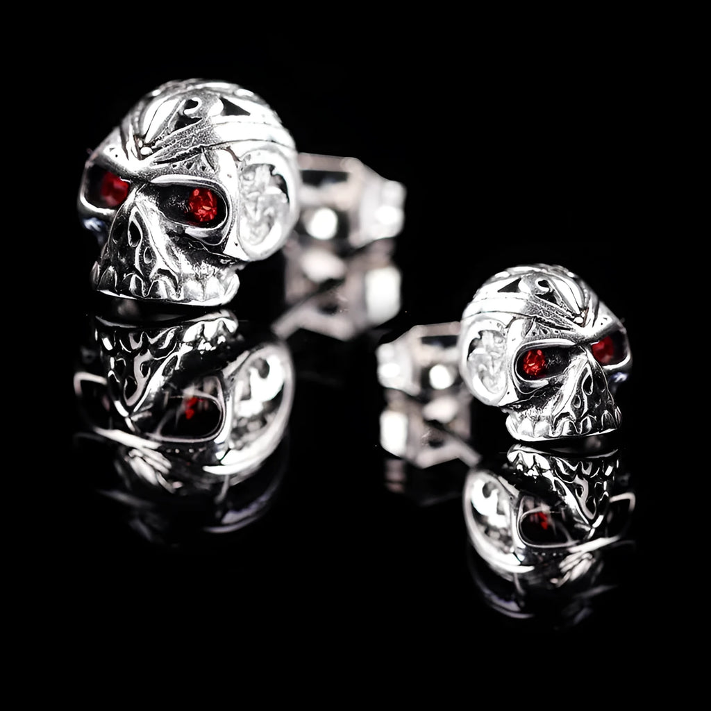 Retro skull stud earrings with red eye ghost head design and artificial gemstone inlay