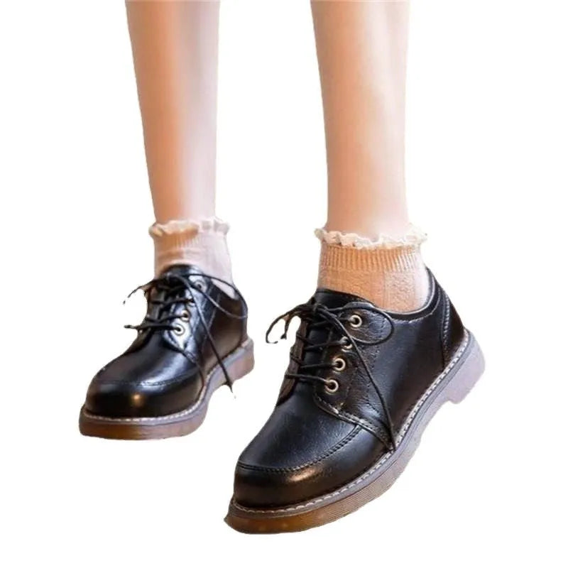 Retro preppy style women's black Mary Jane shoes with square low heel and round toe
