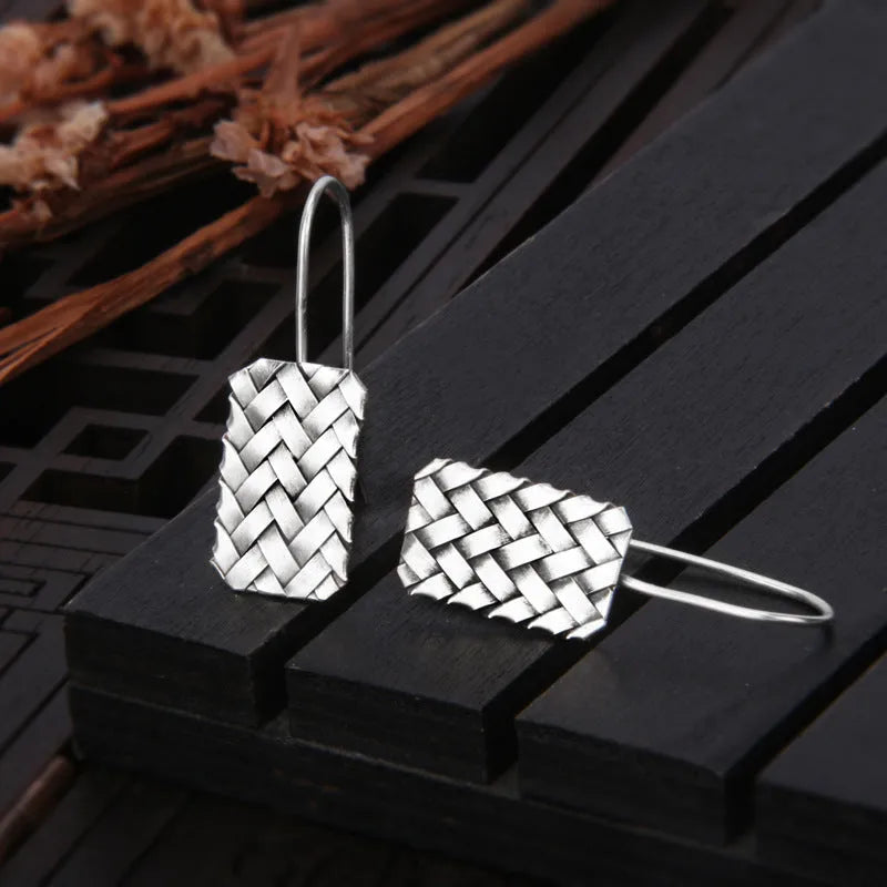 925 silver geometric diamond plaid earrings with woven pattern measuring 17.5mm x 11mm