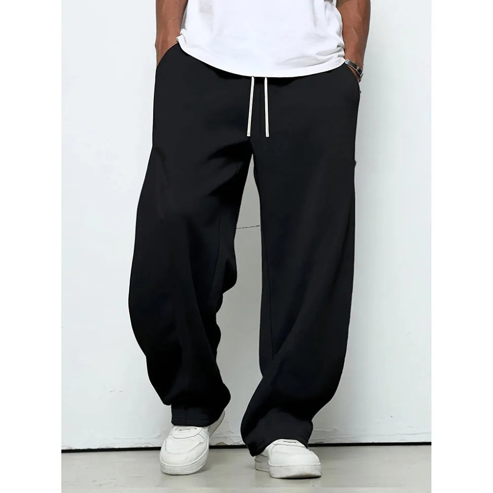 Men's straight-leg casual trousers in grey with a micro-elastic drawstring waist.