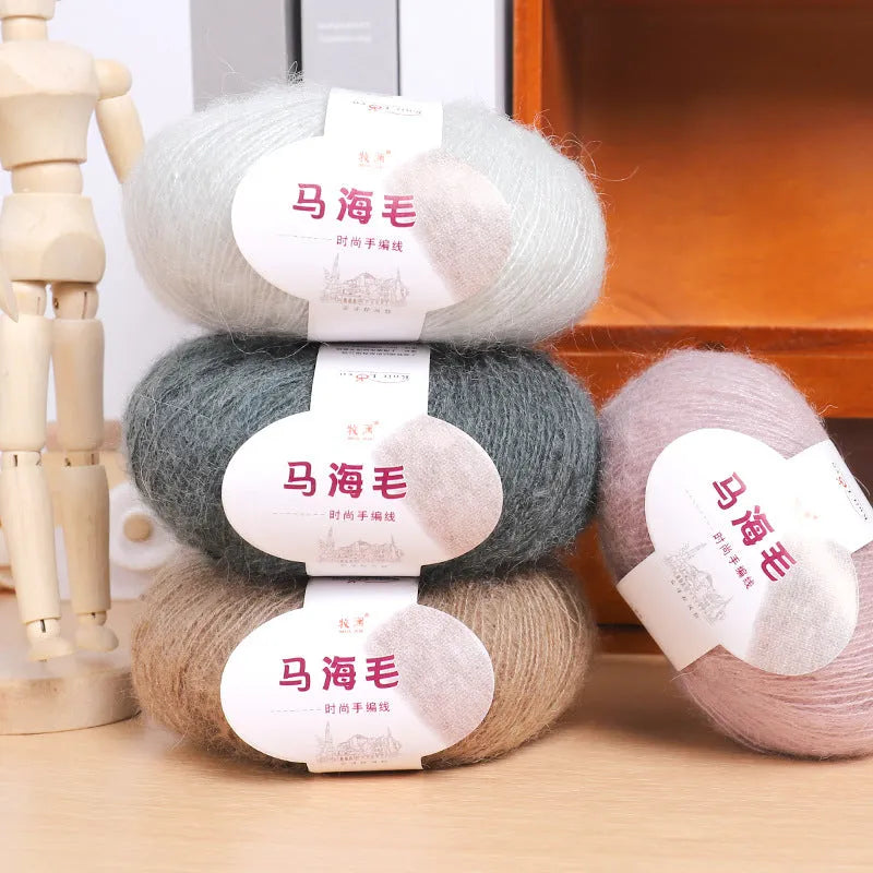 Mohair scarf DIY kit with wool ball and Inverness thread for hand-weaving, showing multiple colour options