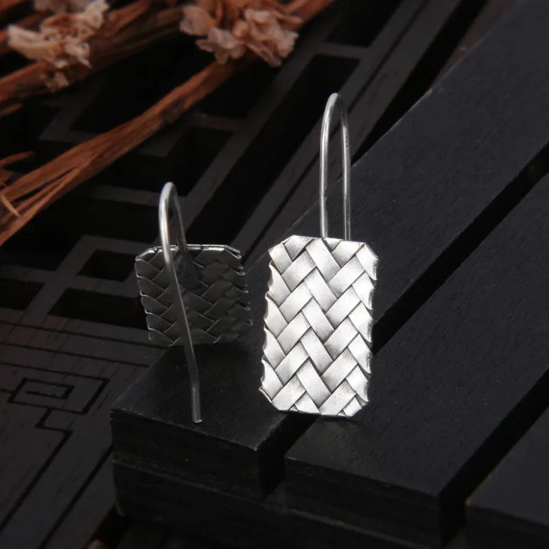 925 silver geometric diamond plaid earrings with woven pattern measuring 17.5mm x 11mm