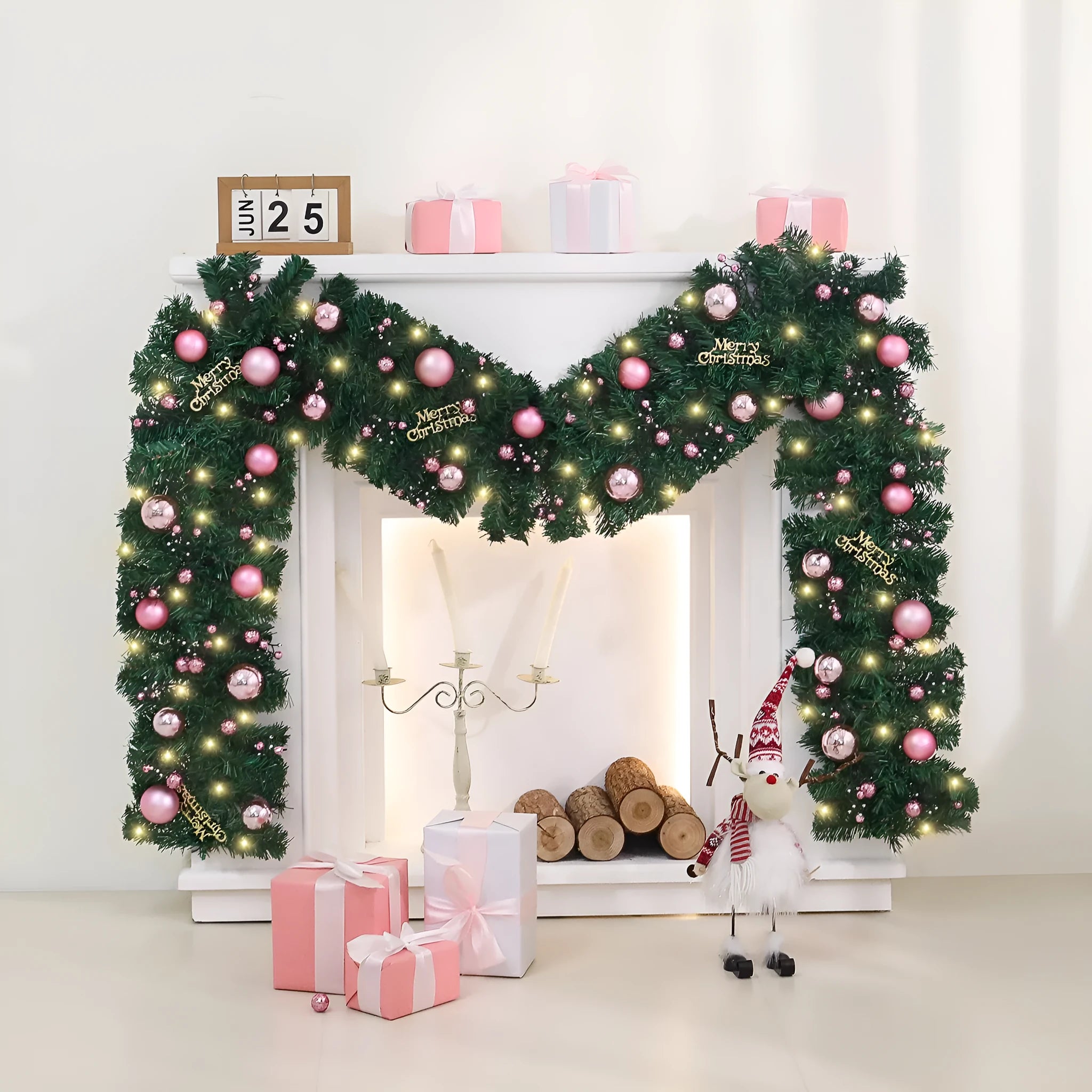 2.7 metre pink rattan Christmas vine decoration with 240 decorative heads on wrought iron wire