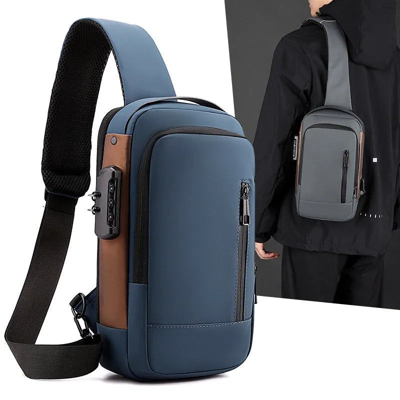 Anti-theft men's crossbody chest bag, nylon, 25 inch, lock feature, black grey blue black gold