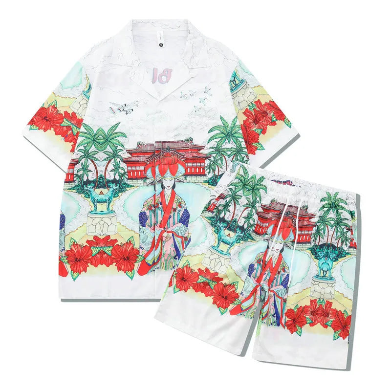 Plaid printed beach outfit for men, consisting of a short sleeve shirt and matching shorts.