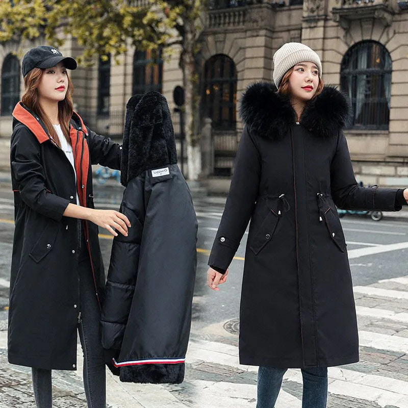 Women's long white trench coat with 100cm length, cotton-padded construction, and elegant style long sleeves
