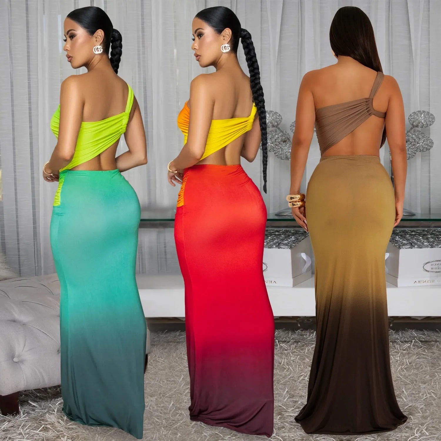 Women's gradient colour cross-shoulder sleeveless dress with high waist and long skirt.