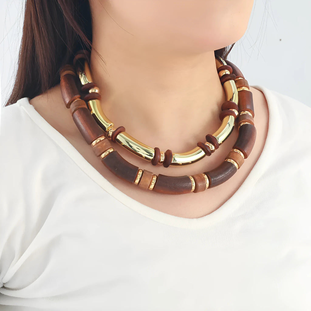 Women's exaggerated multi-layer wooden necklace and matching bracelet jewellery set
