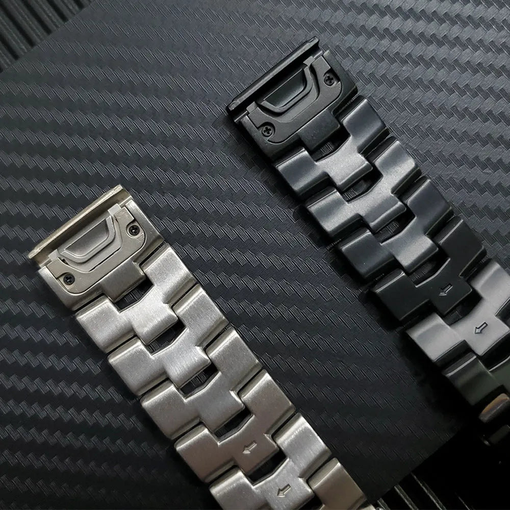 Jiaming Garmin Fenix replacement watch strap in black, silver, titanium colour, showing 22mm and 26mm width options.