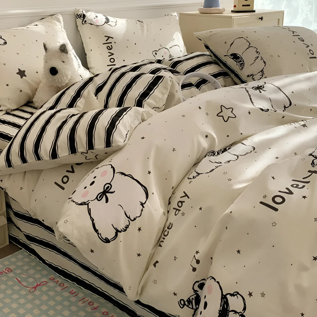 Cartoon dog pattern cotton bedding four-piece set on bed with size options from 0.9m to 2.0m beds