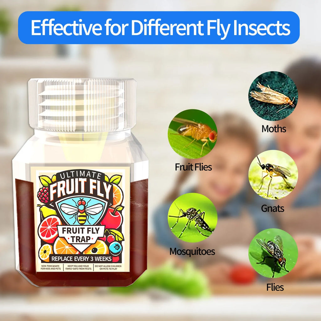 90ml bottle of SK003 fruit fly bait liquid on a kitchen counter near a fruit bowl.