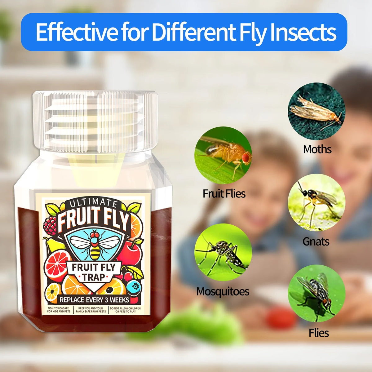 90ml bottle of SK003 fruit fly bait liquid on a kitchen counter near a fruit bowl.