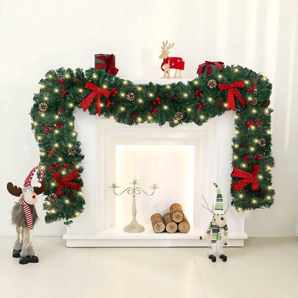 European-style Christmas rattan pine cone bow decoration with optional lighting on display surface