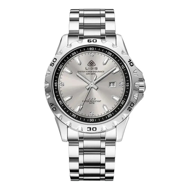 Men's silver case quartz watch with luminous hands and stainless steel strap in business style