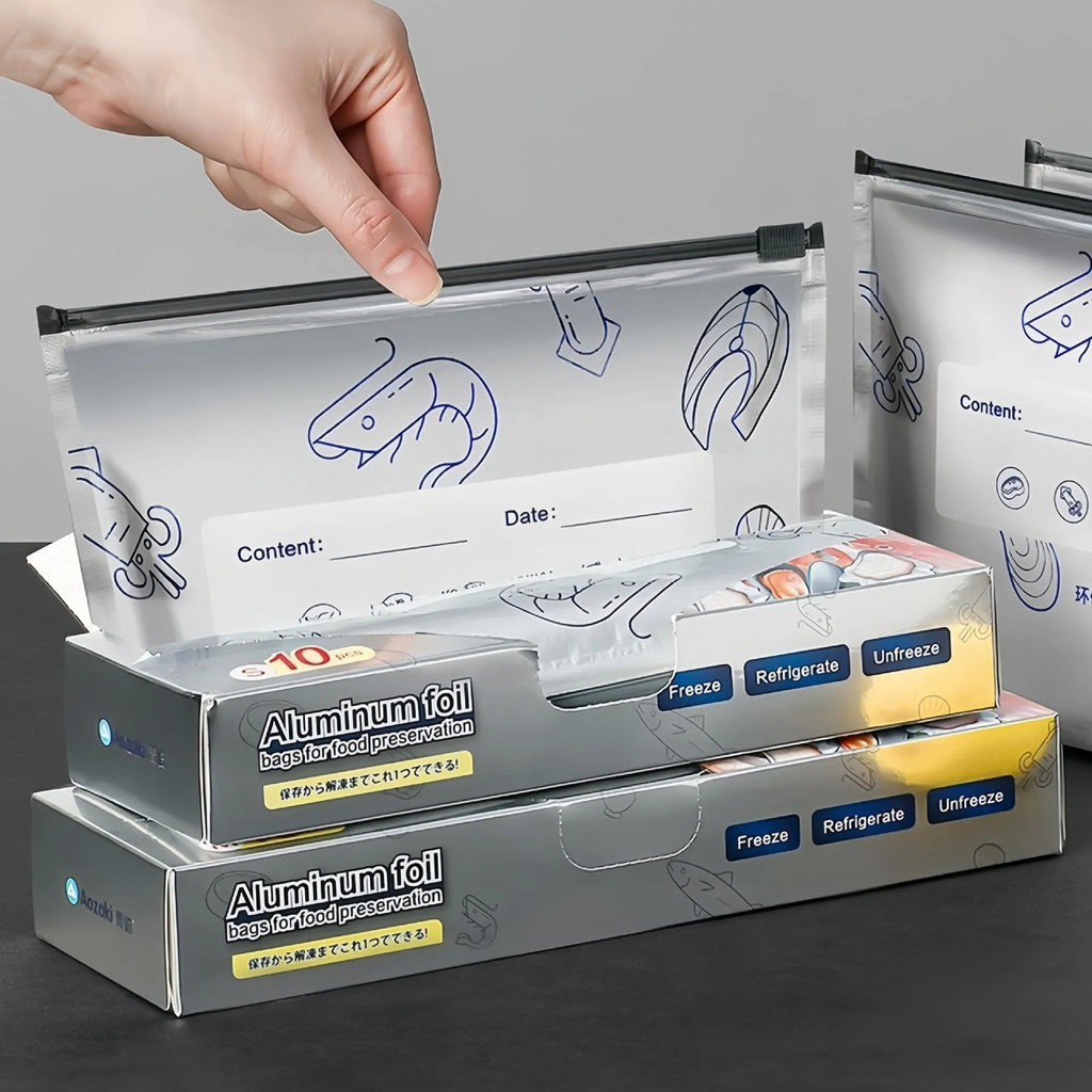 Set of aluminium foil sealed fresh bags and boxes in three sizes for food storage.