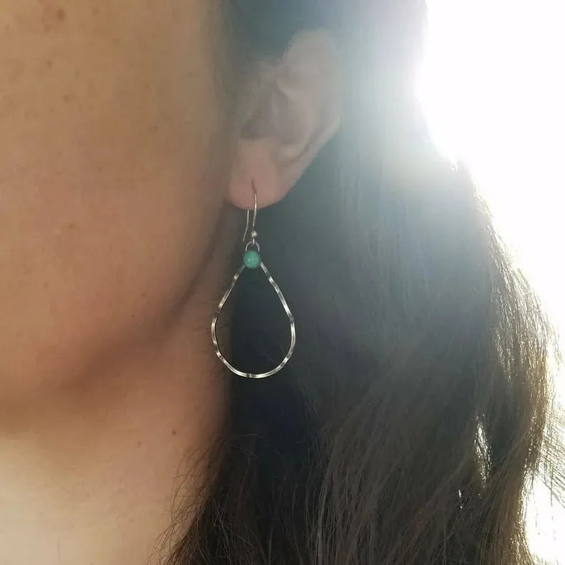 Turquoise circle geometric earrings with antique silver finish and bohemian vintage style