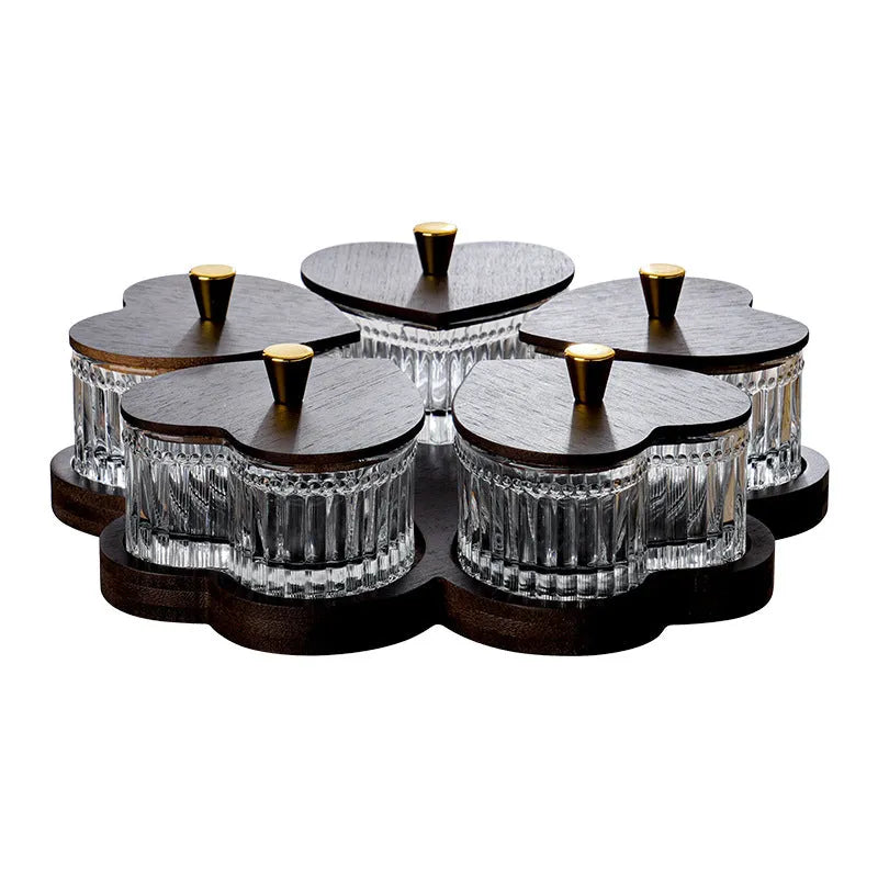 Glass snack platter with coloured glaze and transparent heart-shaped lids in retro style