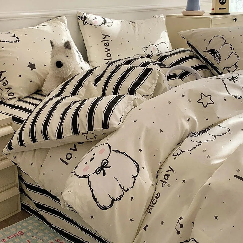 Cartoon dog pattern cotton bedding four-piece set on bed with size options from 0.9m to 2.0m beds