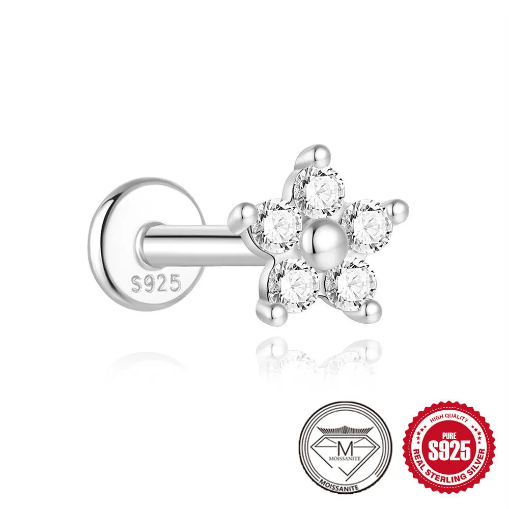 Platinum plated S925 sterling silver geometric petal stud earrings with debris-style designs