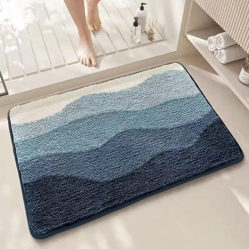 Square imitation cashmere floor mat with plastic bottom and rainbow pattern in sky sea colours