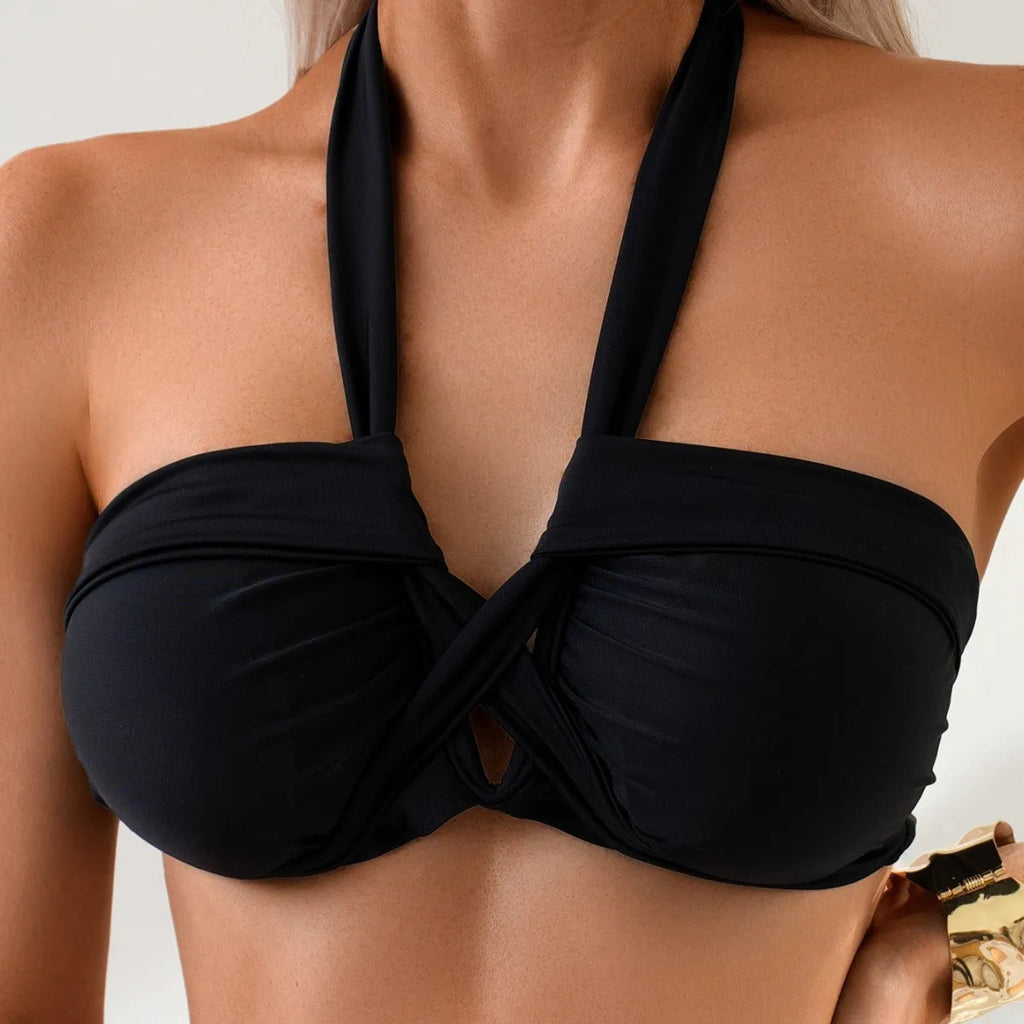 Black backless women's swimming bikini with European style briefs
