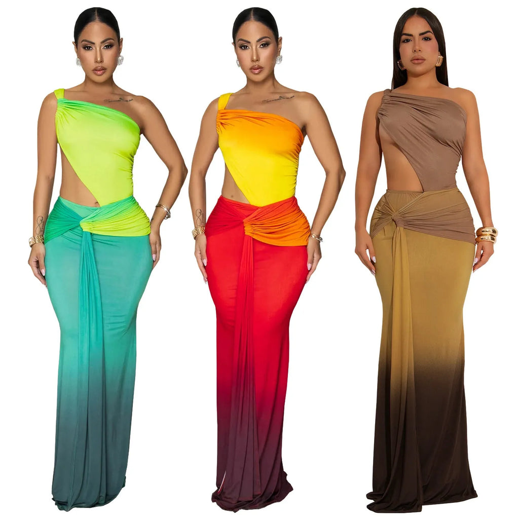 Women's gradient colour cross-shoulder sleeveless dress with high waist and long skirt.