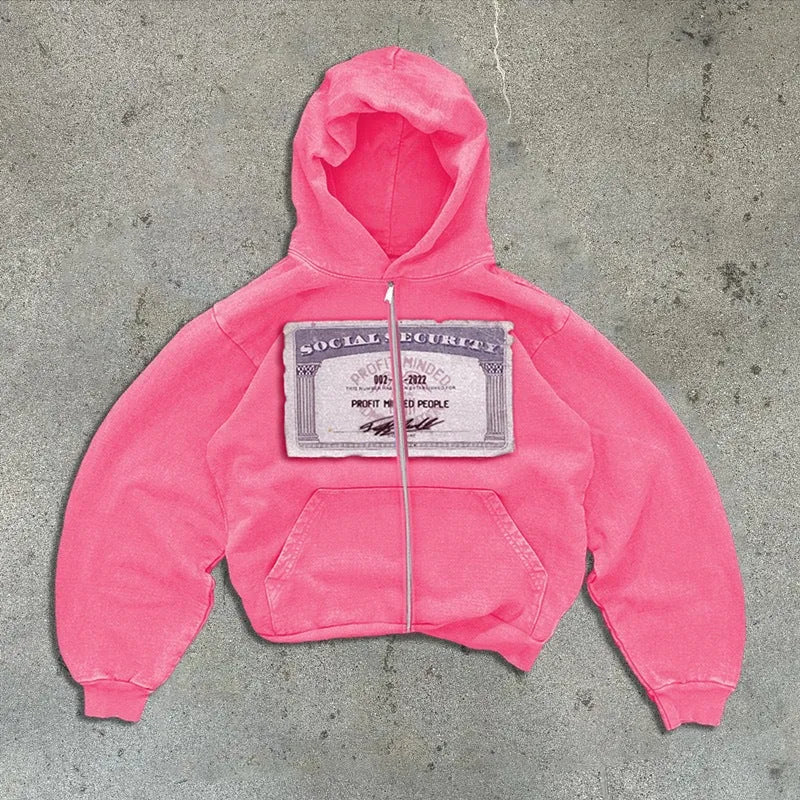 Loose fit unisex hoodie jacket with zip-up front, zippered pockets, and letter pattern design in black colour