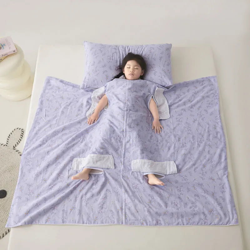 Colourful patterned anti-kick sleeping bag blanket folded to show size and design.