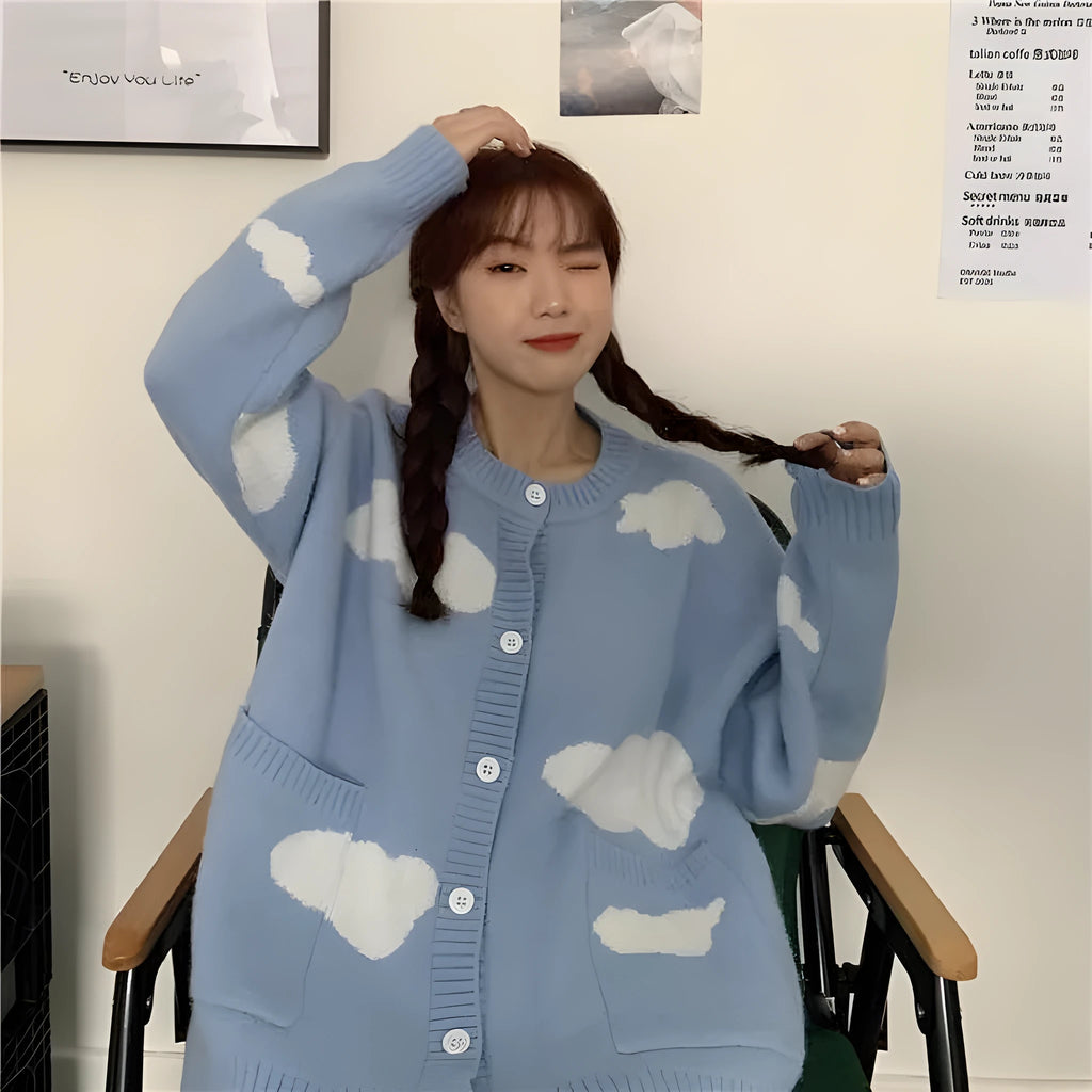 Women's loose blue cloud pattern cardigan sweater coat with long sleeves