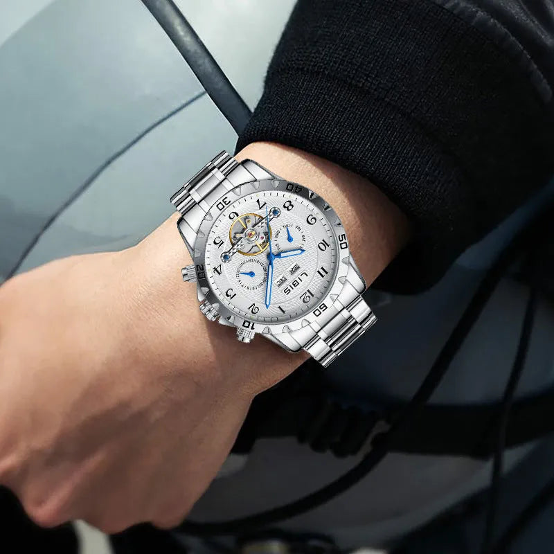 Men's silver automatic perpetual calendar mechanical watch with stainless steel strap and sapphire glass