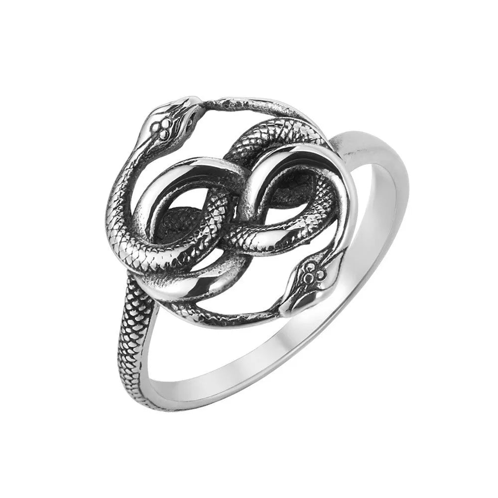 Titanium steel double snake ring in retro European American design, steel colour finish
