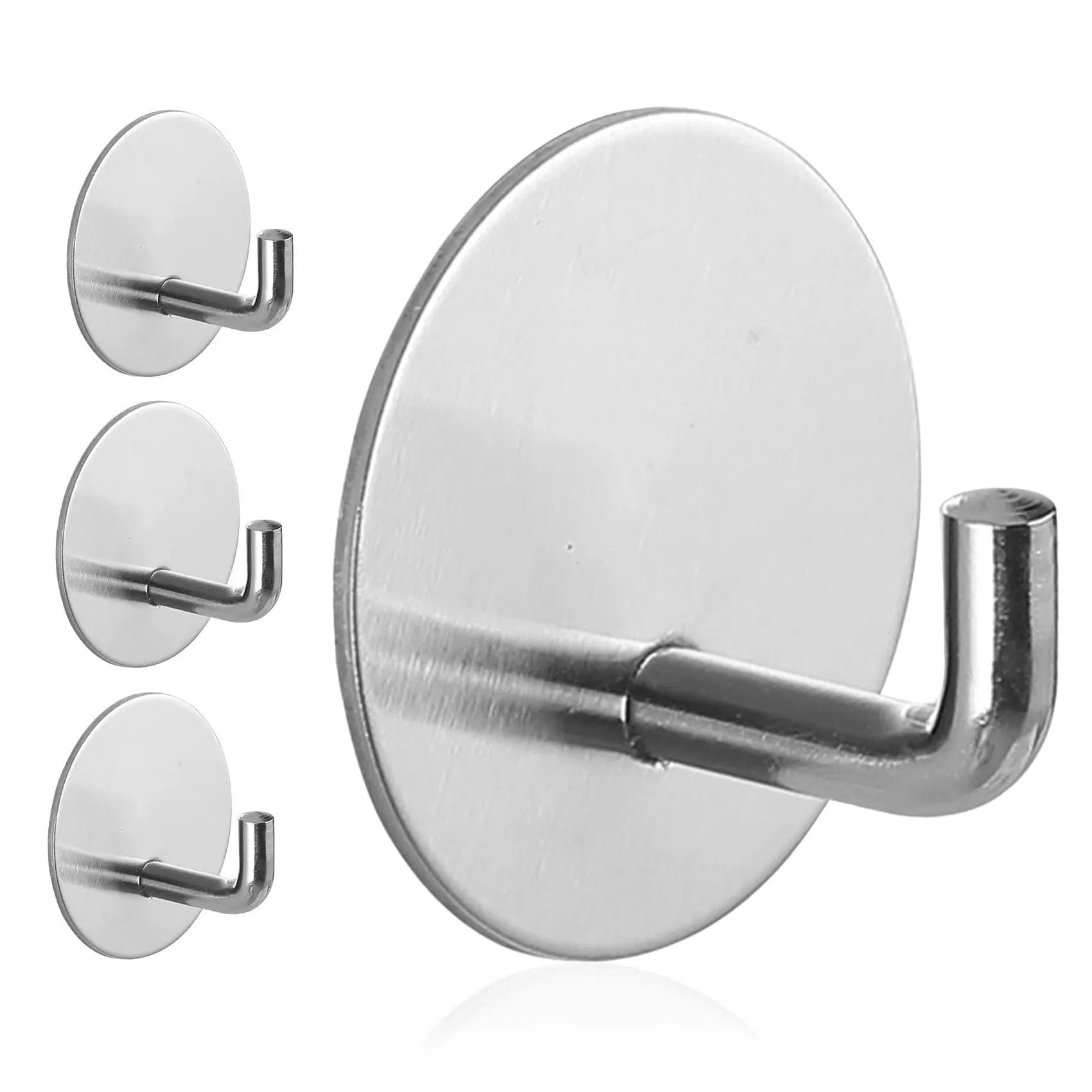 Self-adhesive stainless steel single hook for bathroom and kitchen organisation with 3kg load capacity