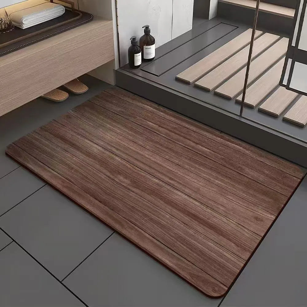 Square diatom ooze floor mat with geometric wood grain pattern in a shower room setting