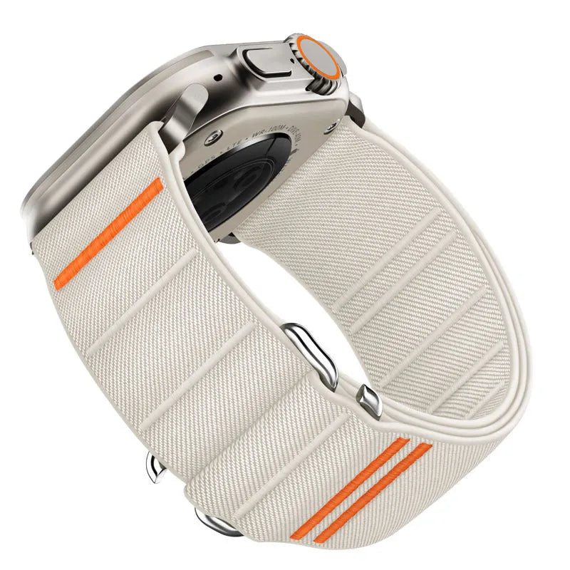 Elastic nylon Apple Watch replacement strap with stainless steel buckle in army green colour