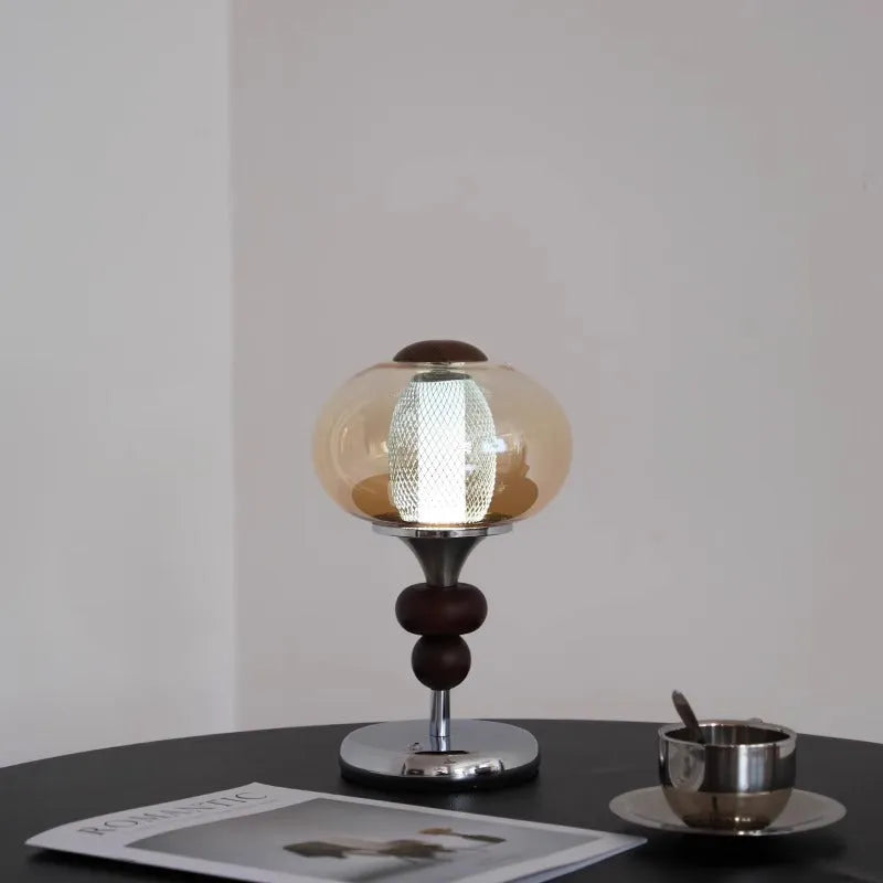 Zhonggu solid wood retro table lamp with touch dimming control and USB cable.