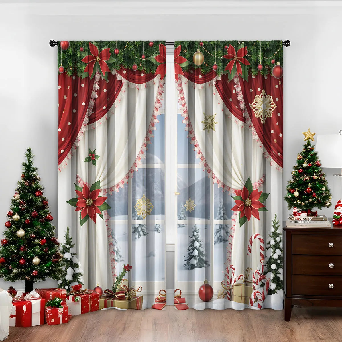 3D digitally printed Christmas curtains pair with European-style festive patterns on polyester fabric