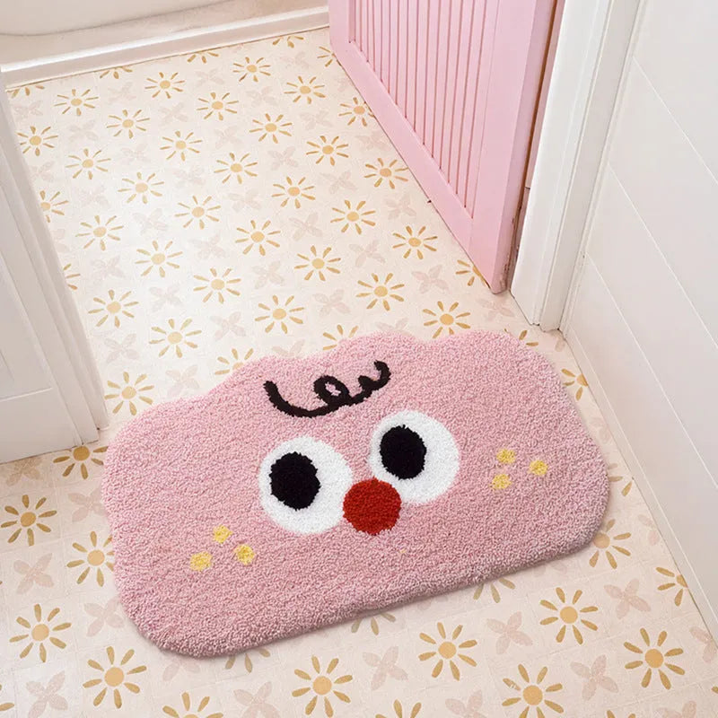 Cartoon anime print bathroom mat with cashmere-like texture on a tiled floor