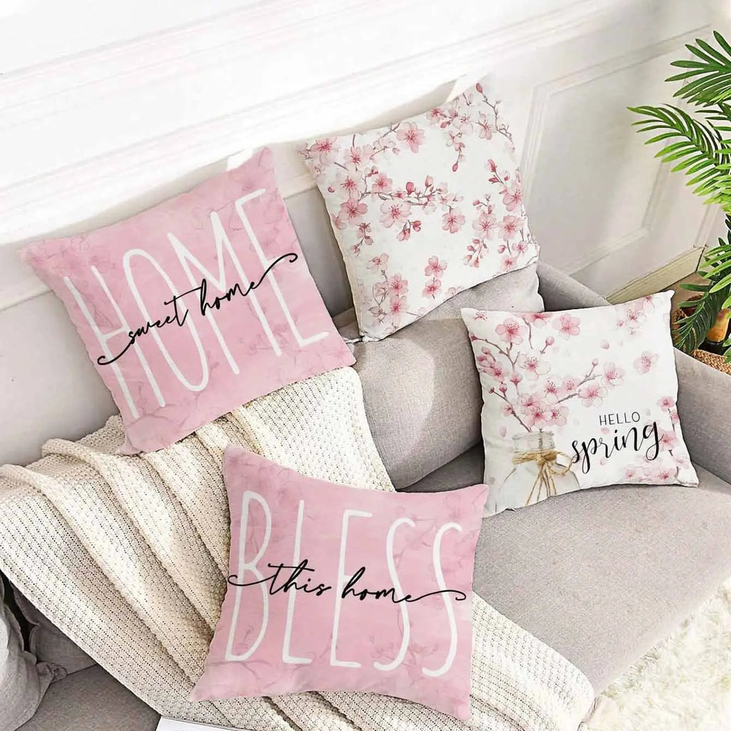 Square cherry blossom letter cushion cover on short velvet fabric, 45x45cm without insert