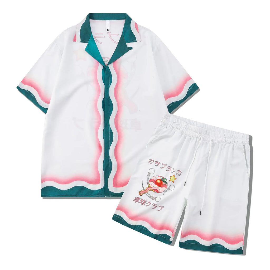 Plaid printed beach outfit for men, consisting of a short sleeve shirt and matching shorts.