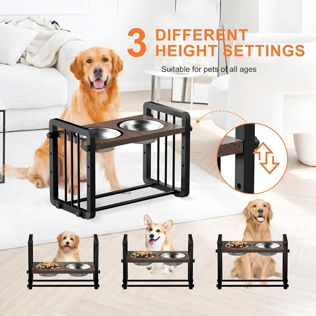 Black wooden dog bowl stand with non-slip brackets measuring 37x23cm