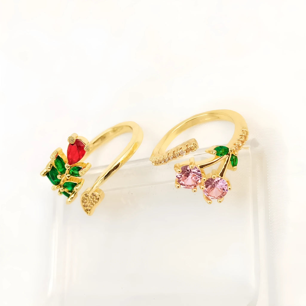 Women's copper open ring with leaf geometric pattern and gold zircon detailing in national style split-ring design