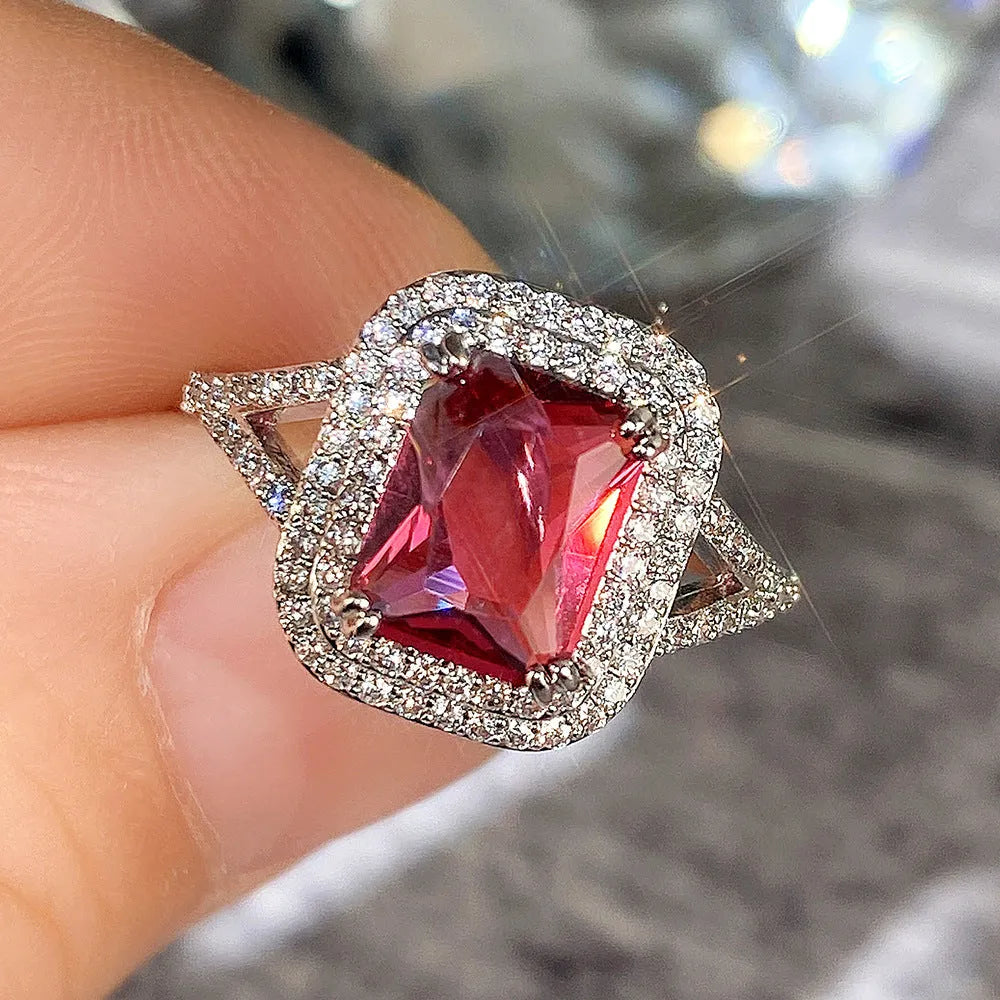 Copper square ring with red princess rhinestone for women, sizes 6-10.
