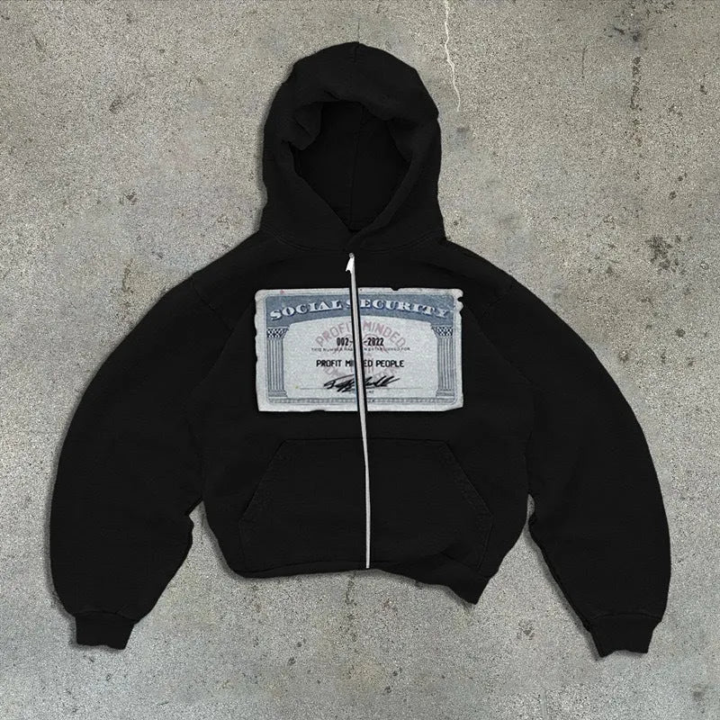 Loose fit unisex hoodie jacket with zip-up front, zippered pockets, and letter pattern design in black colour