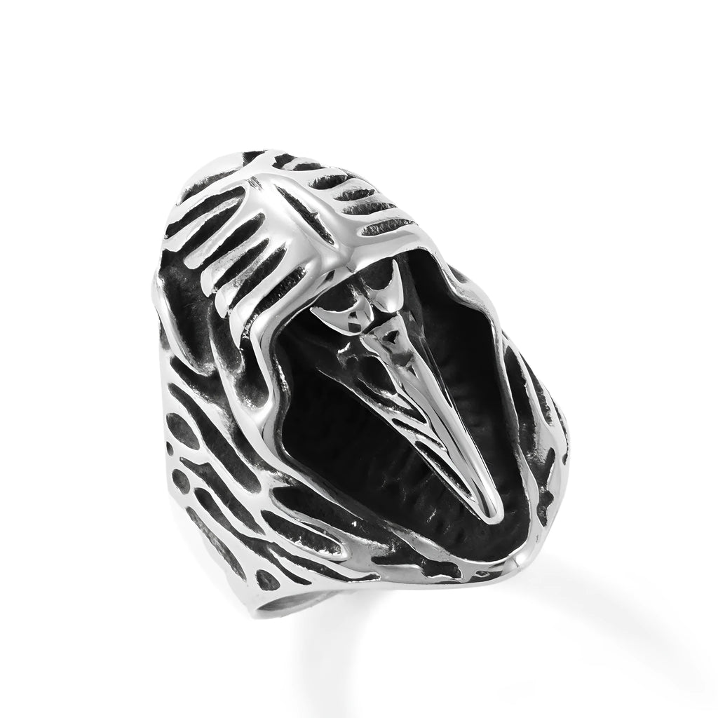 Stainless steel crow ring in MR166 colour with geometric shape and retro punk style.